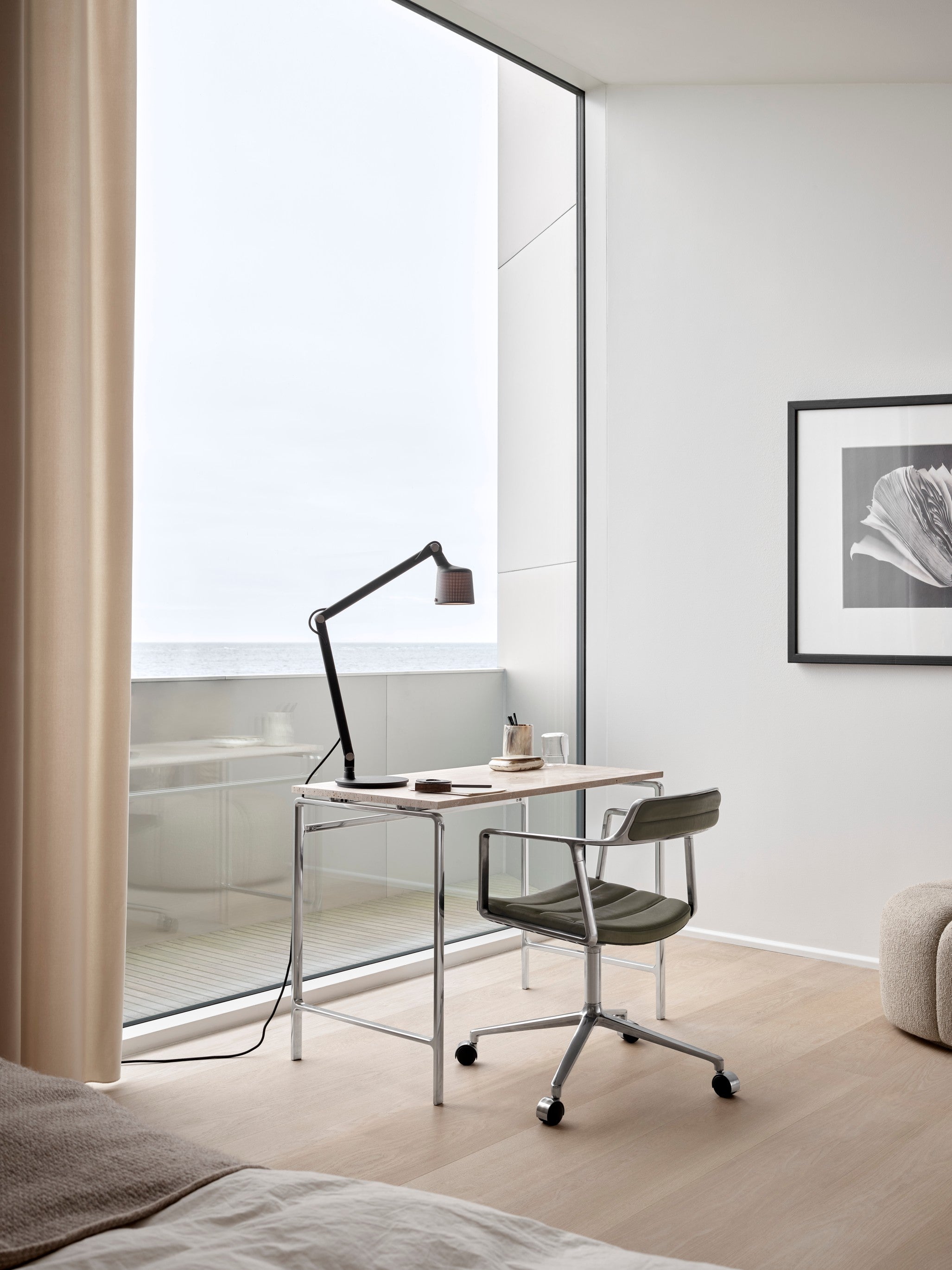 STUDIO Desk with Camel Leather Top, Oak Frame, and Aluminum Base