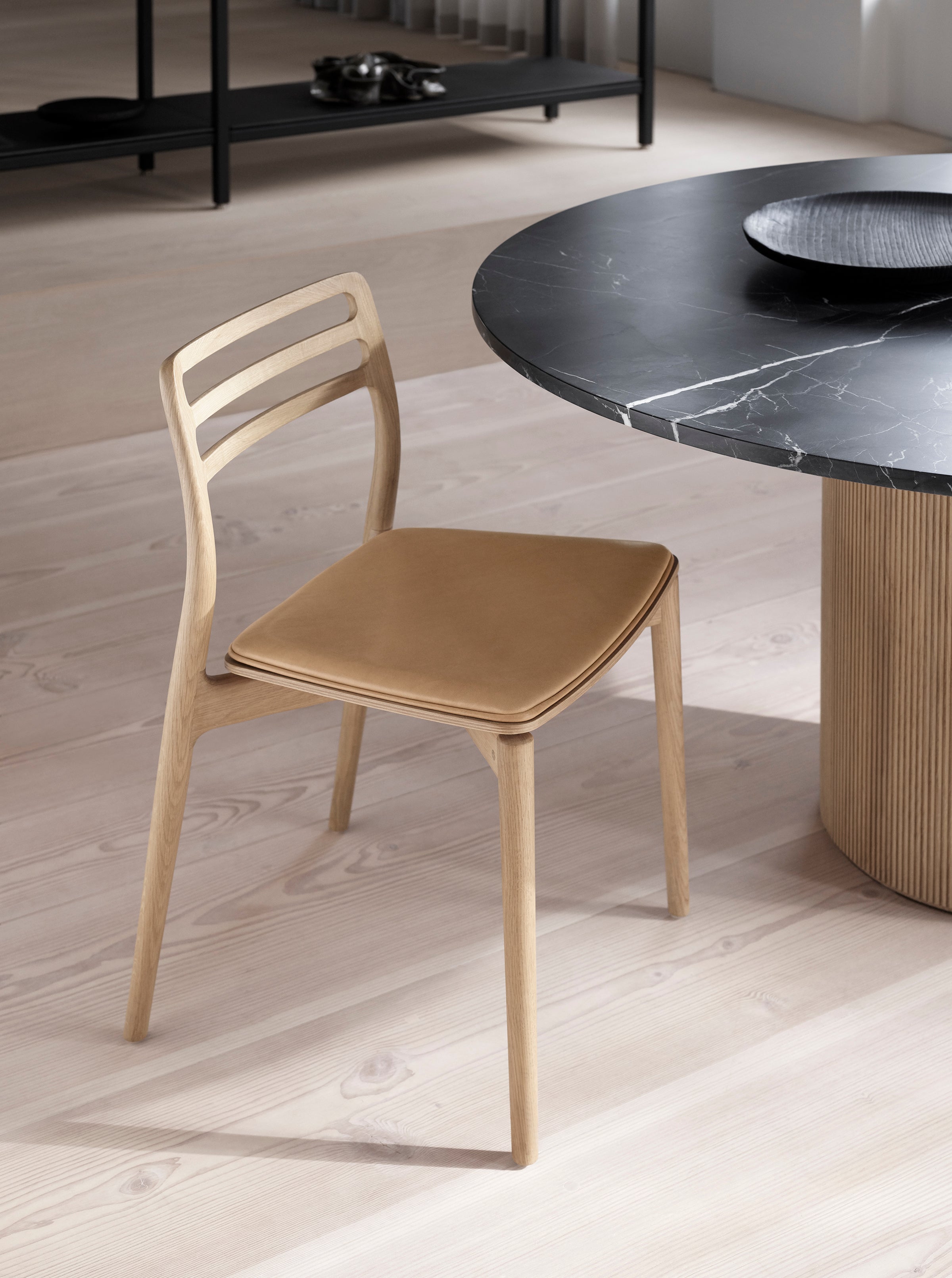 CABIN Chair in Caramel Leather with Light Oak Base