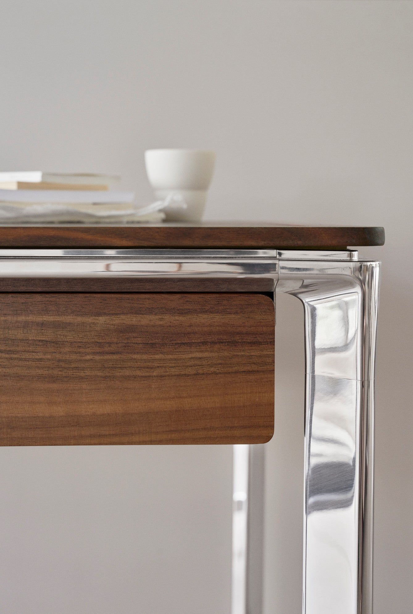 STUDIO Desk with Camel Leather Top, Oak Frame, and Aluminum Base