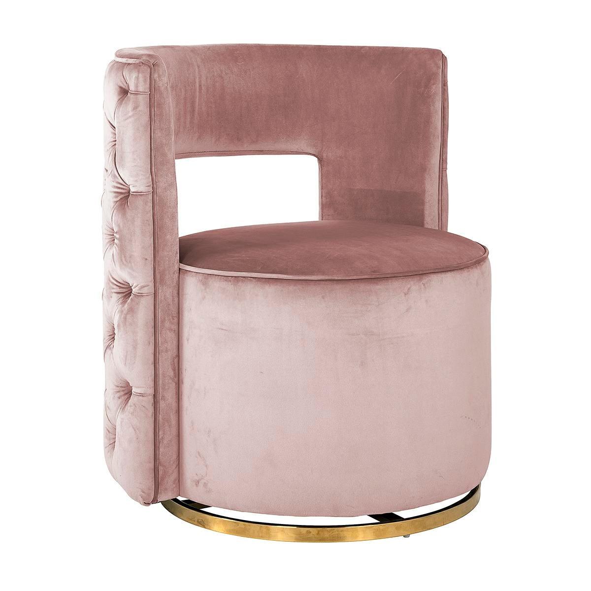 A velor, rotary armchair with quilted upholstery in the glamor style. Jamie undoubtedly fits into the top of the latest trends. The buttons at the back of the chair create a beautiful pattern that gives it a unique character. This unusual armchair, with a base in gold, ideally suited to the living room and bedroom.