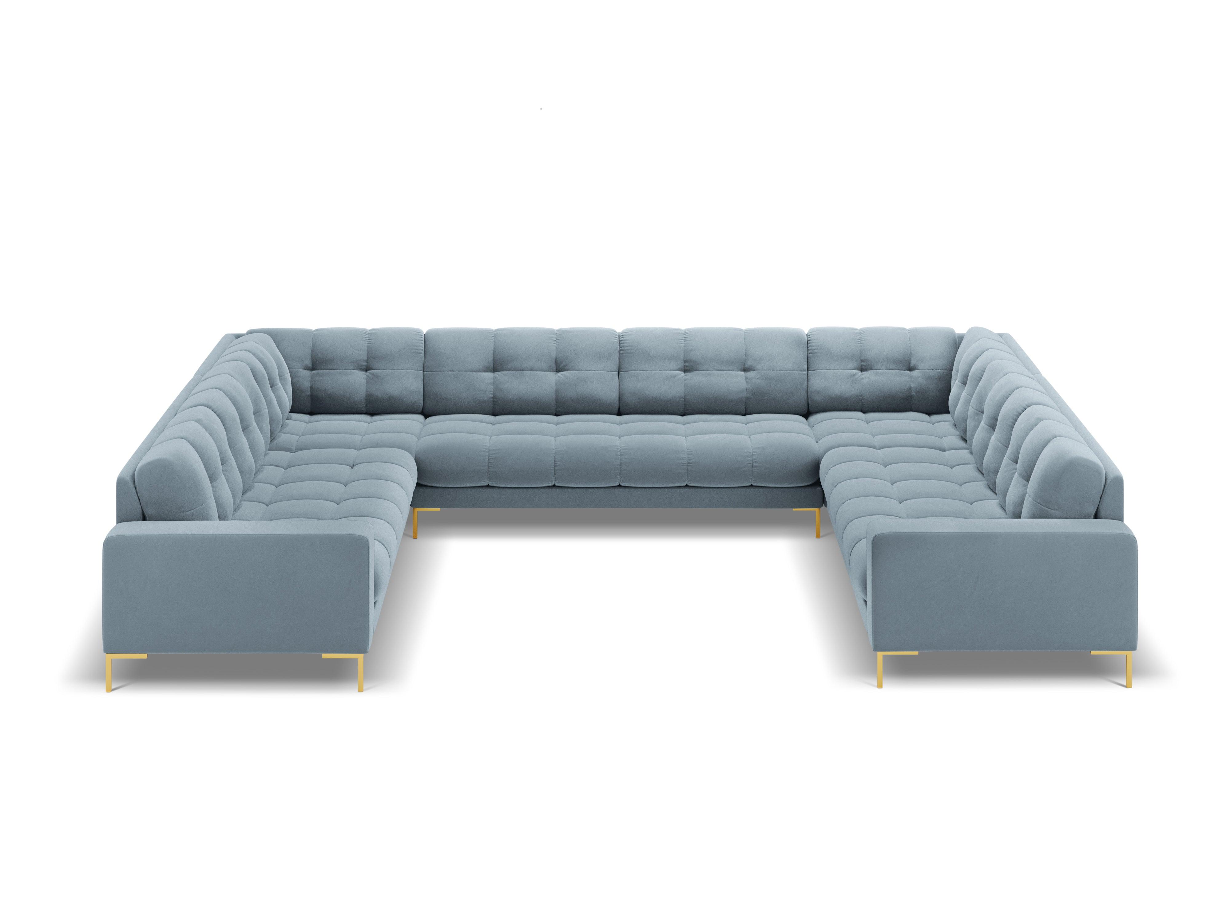 Panoramic velvet sofa 9-seater BALI light blue with gold base - Eye on Design