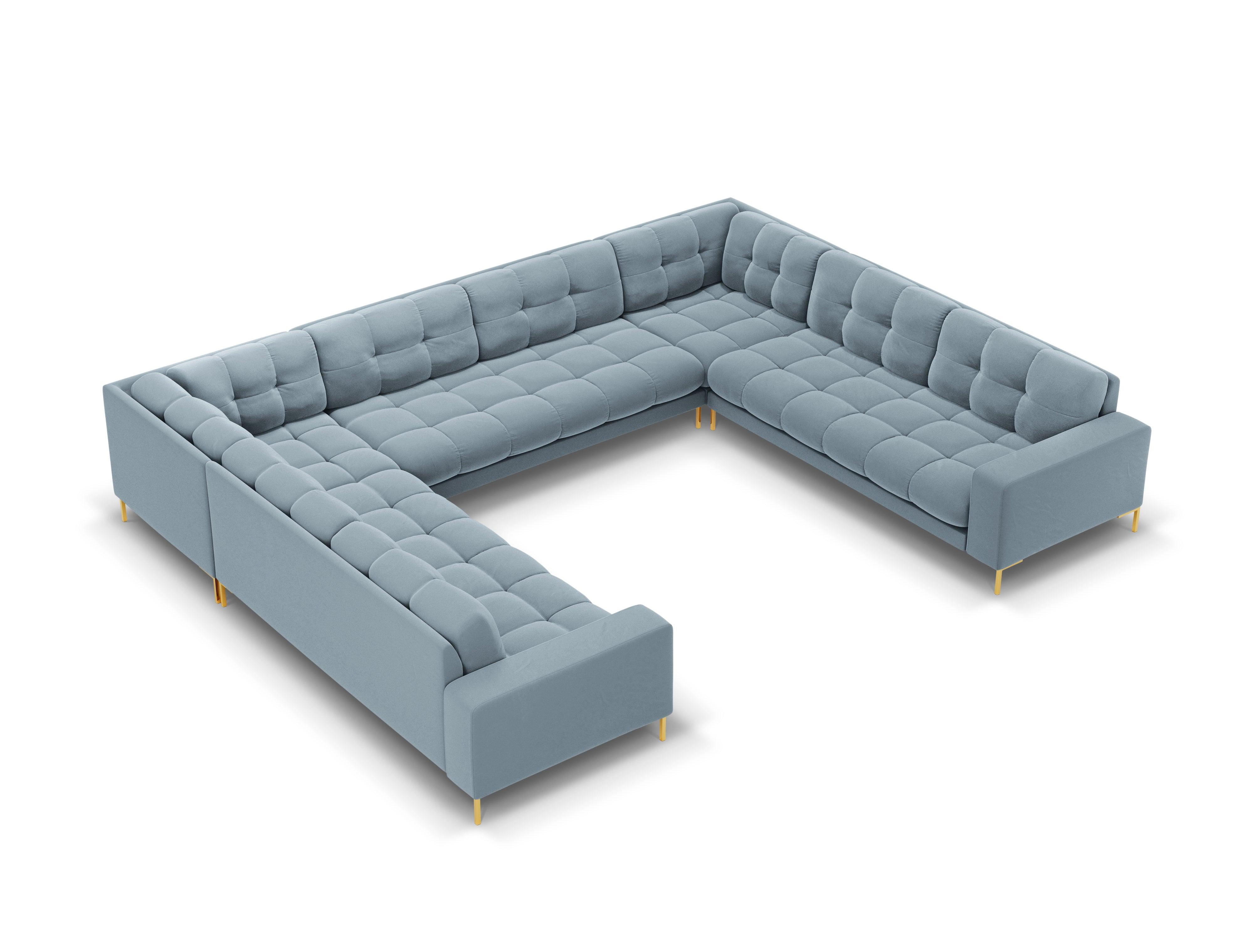 Panoramic velvet sofa 9-seater BALI light blue with gold base - Eye on Design