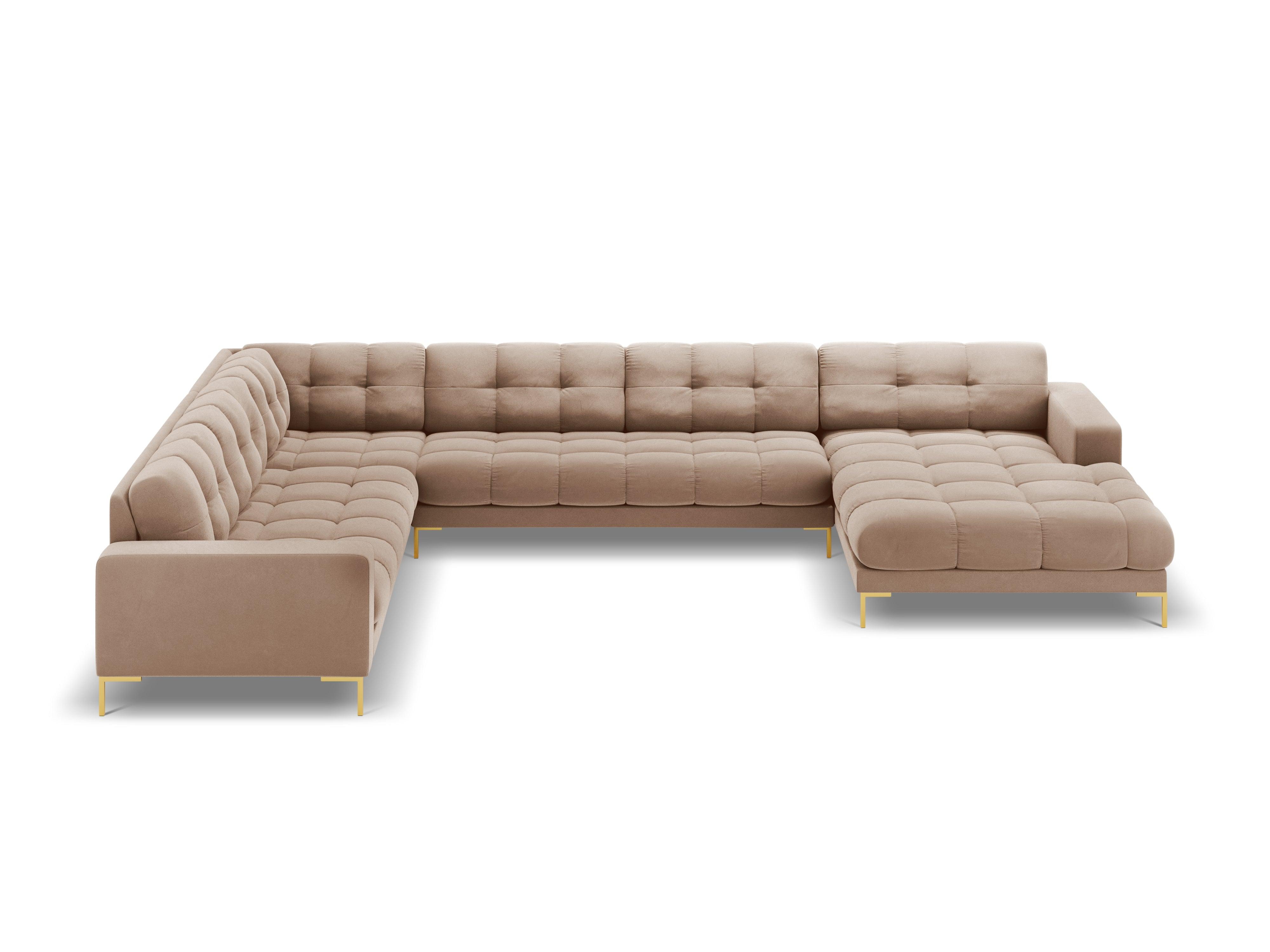 Panoramic velvet sofa left side 7 seater BALI beige with gold base - Eye on Design