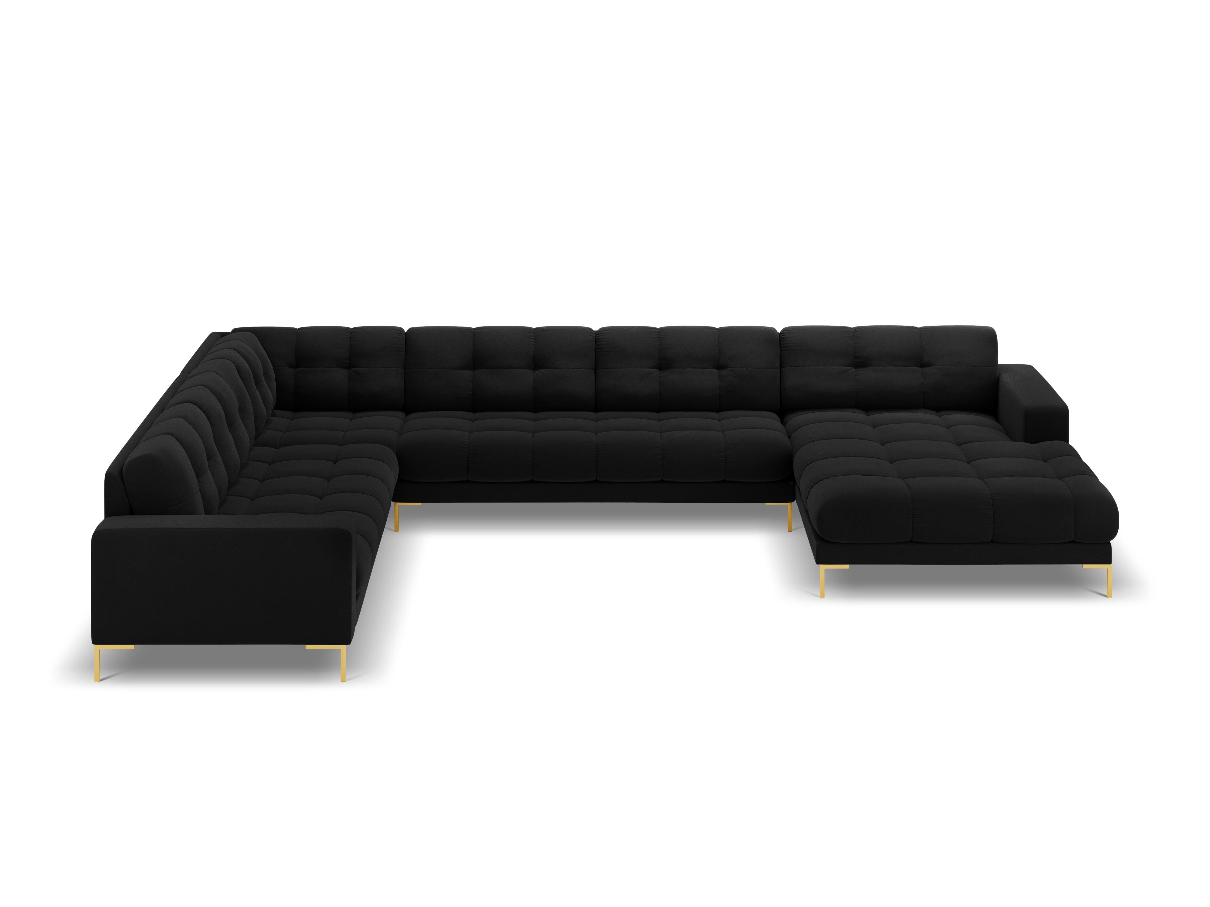 Panoramic velvet sofa left side 7 seater BALI black with gold base - Eye on Design