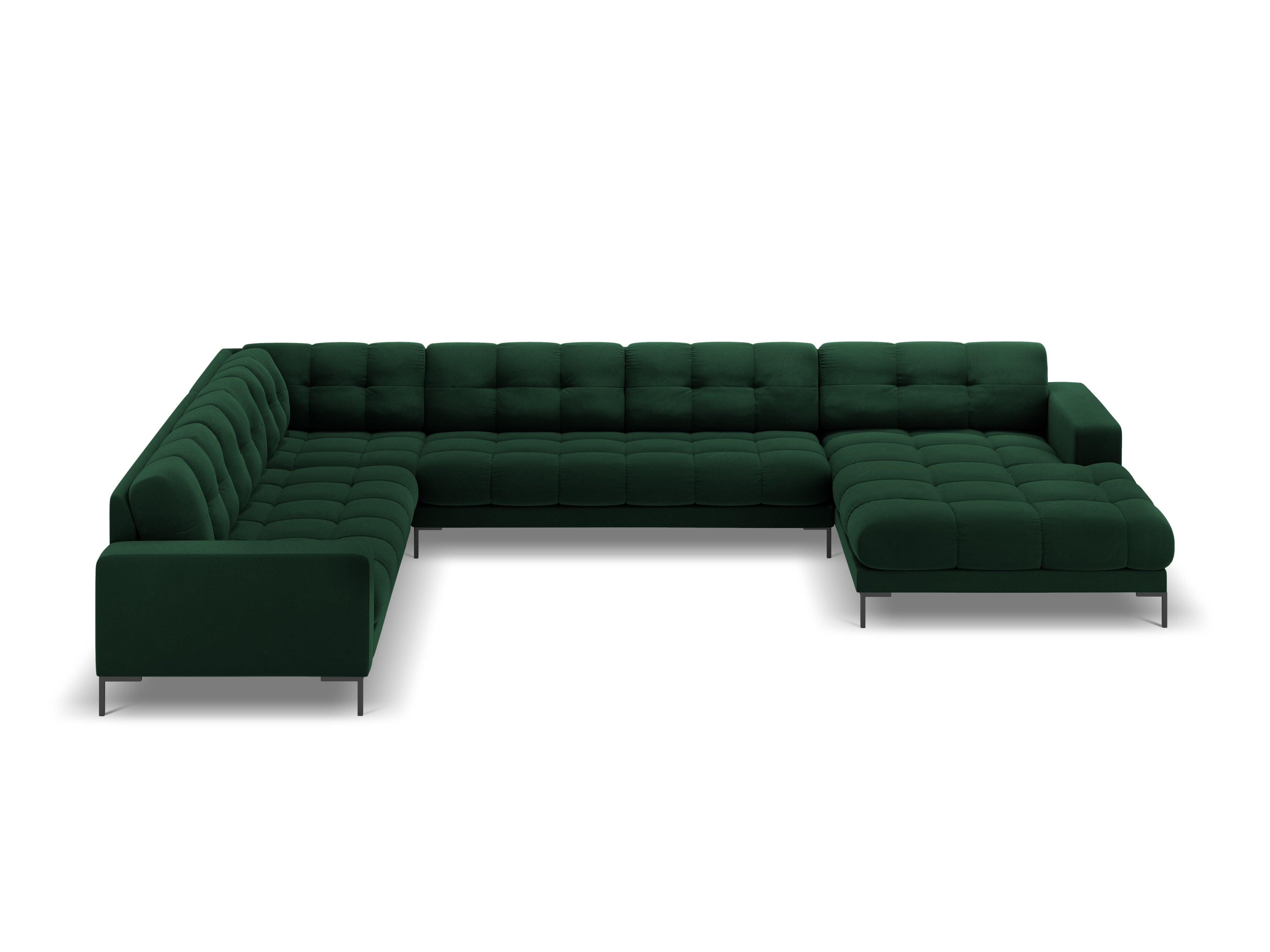 Panoramic velvet sofa left side 7 seater BALI bottle green with black base - Eye on Design