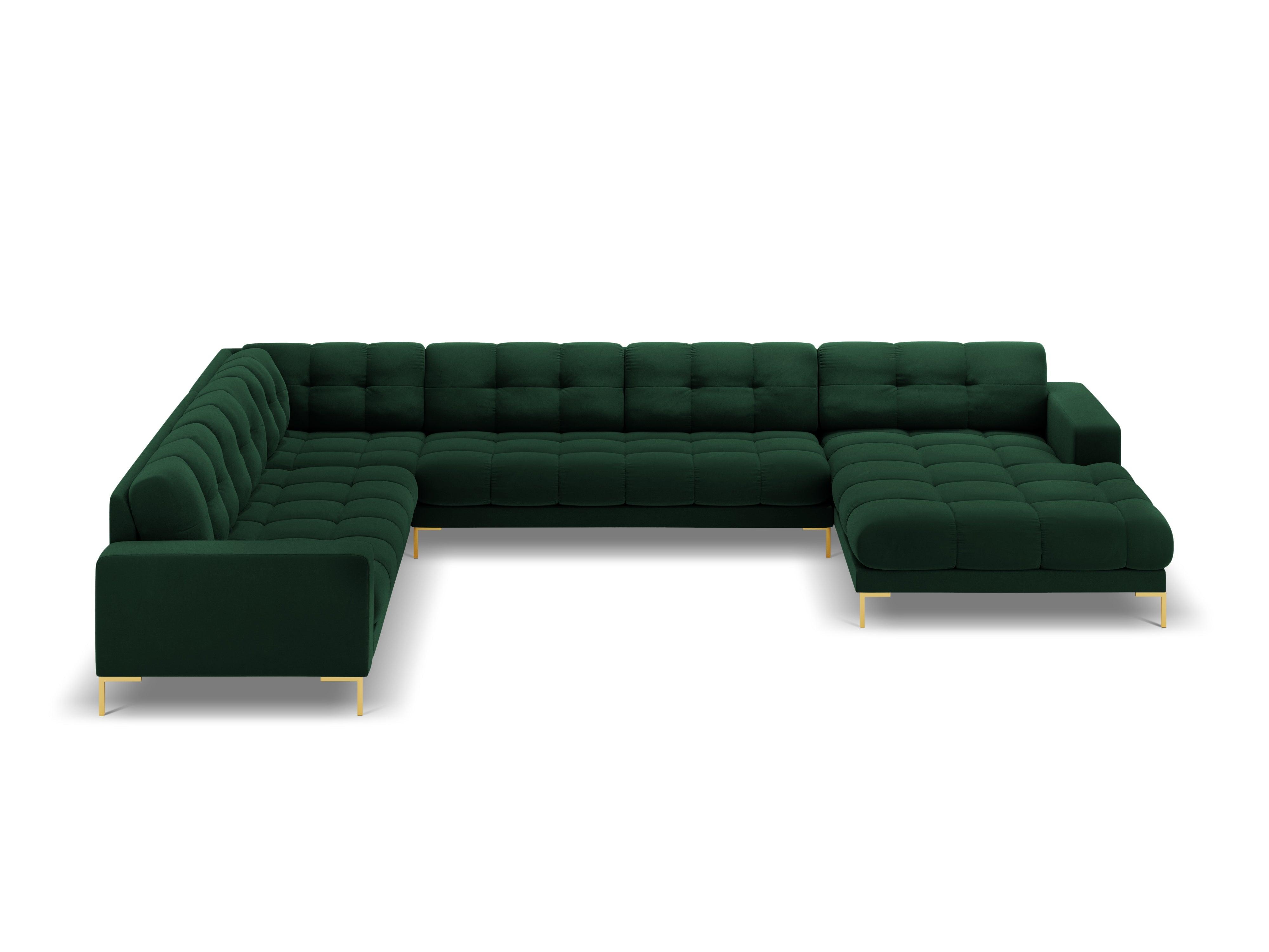 Panoramic velvet sofa left side 7 seater BALI bottle green with gold base - Eye on Design