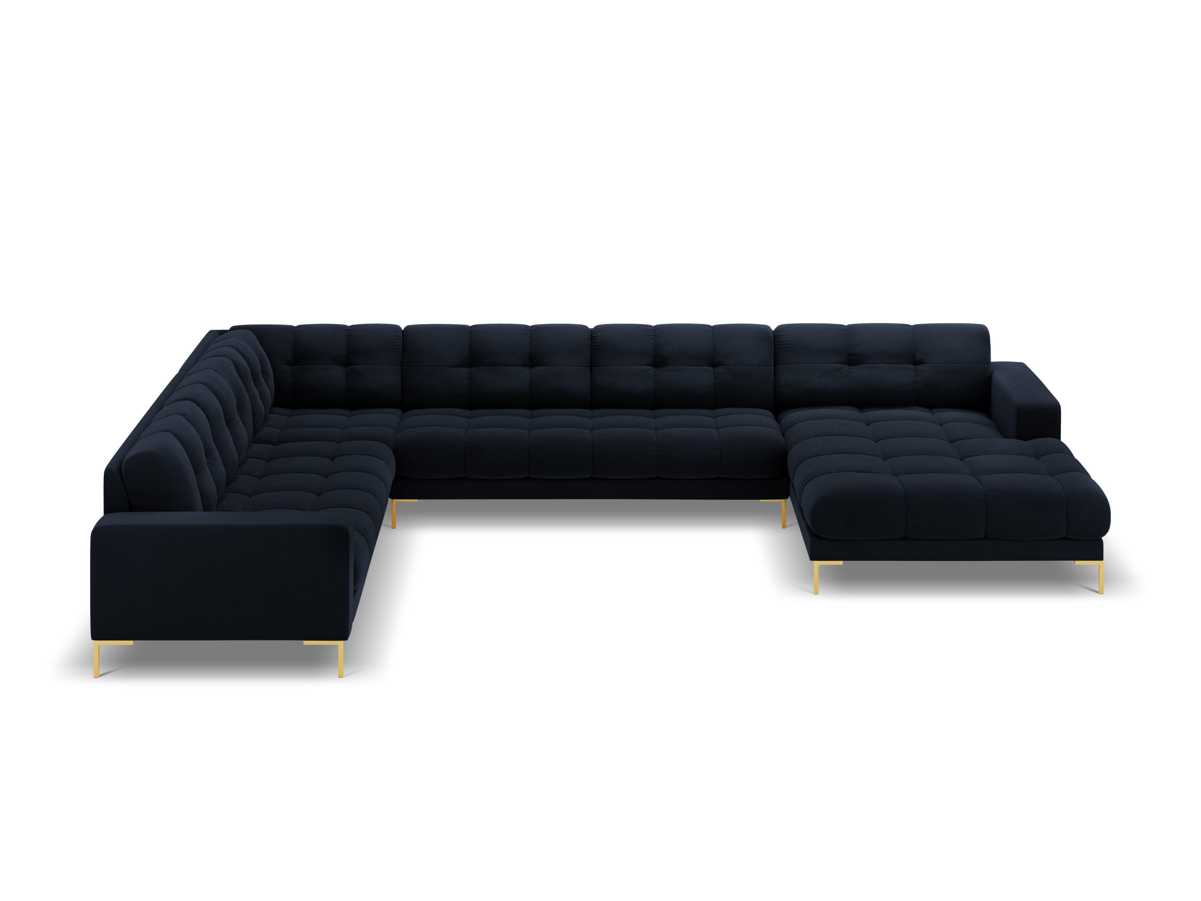 Panoramic velvet sofa left side 7 seater BALI dark blue with gold base - Eye on Design