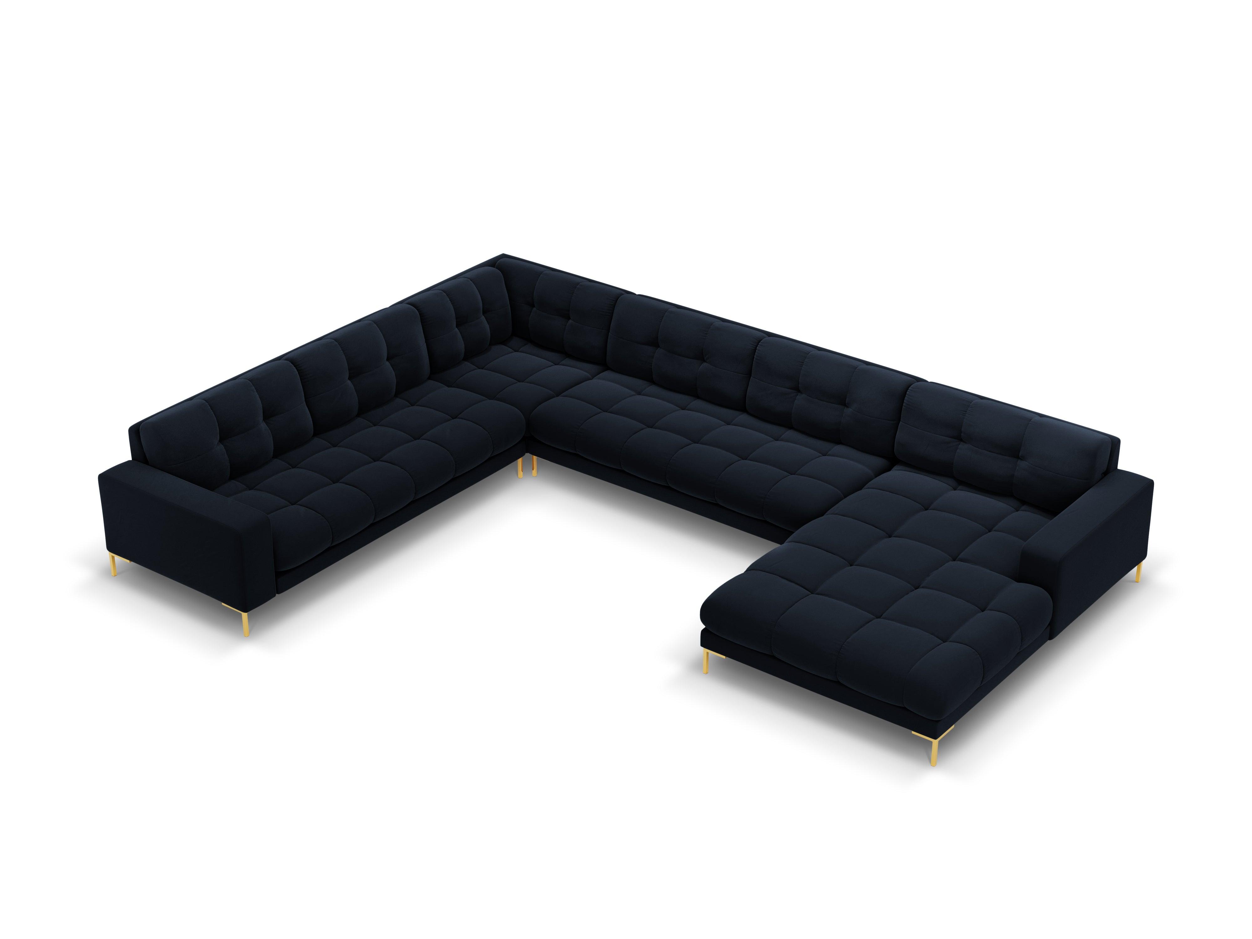 Panoramic velvet sofa left side 7 seater BALI dark blue with gold base - Eye on Design