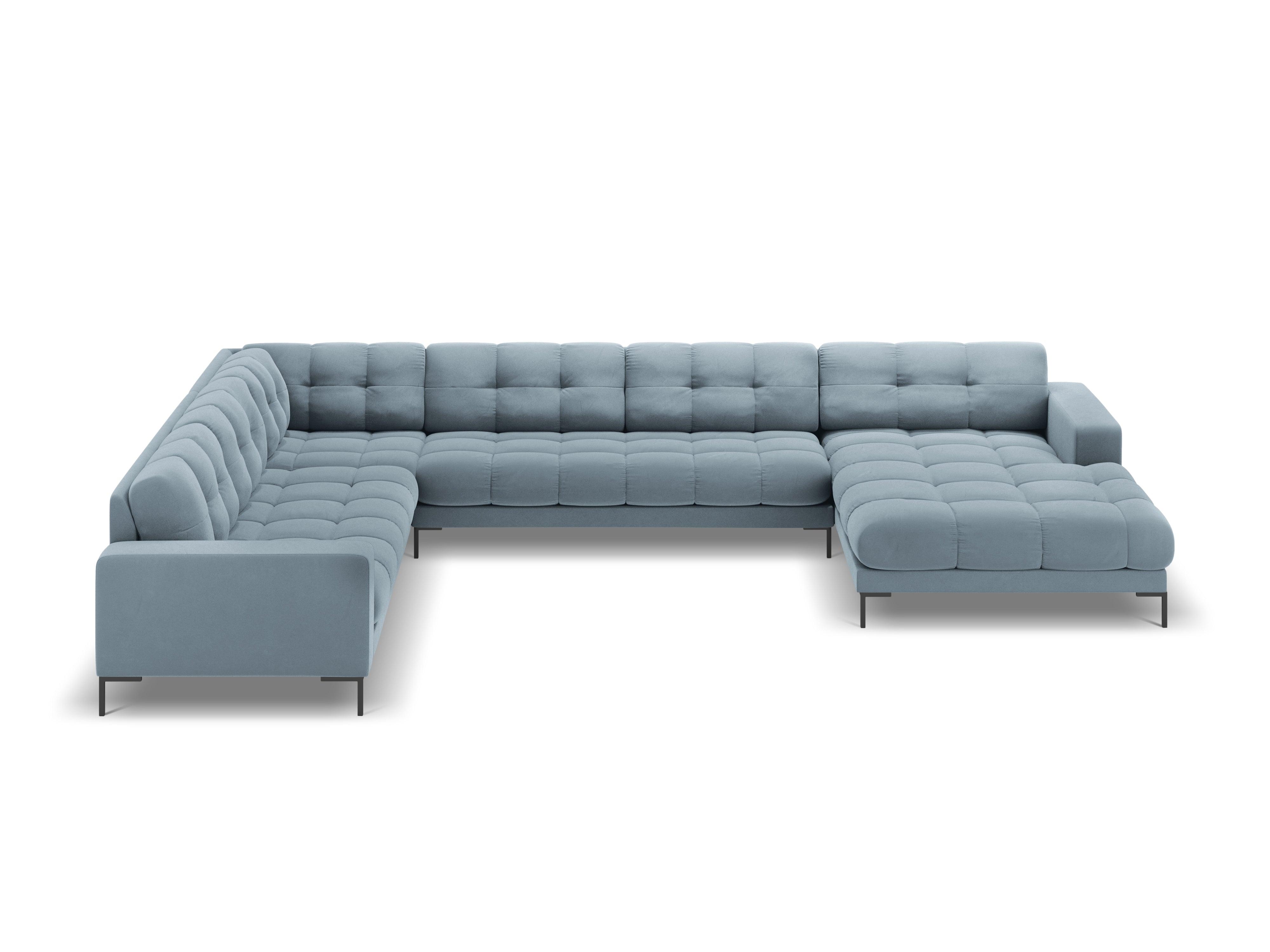 Panoramic velvet sofa left side 7 seater BALI light blue with black base - Eye on Design