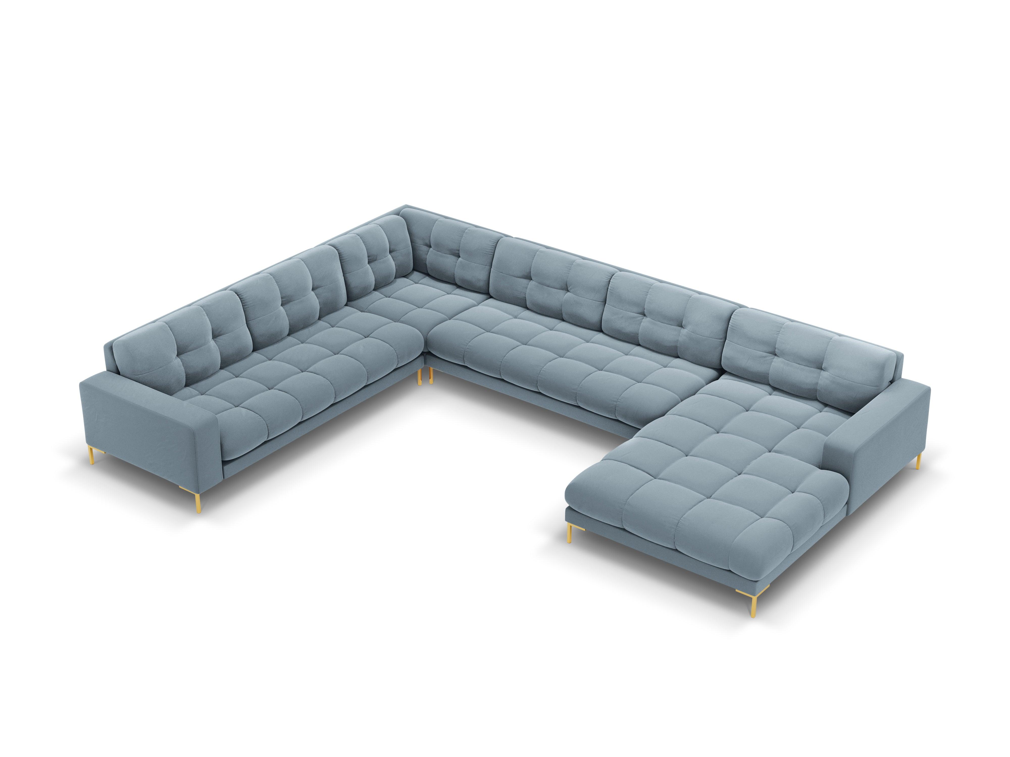 Panoramic velvet sofa left side 7 seater BALI light blue with gold base - Eye on Design