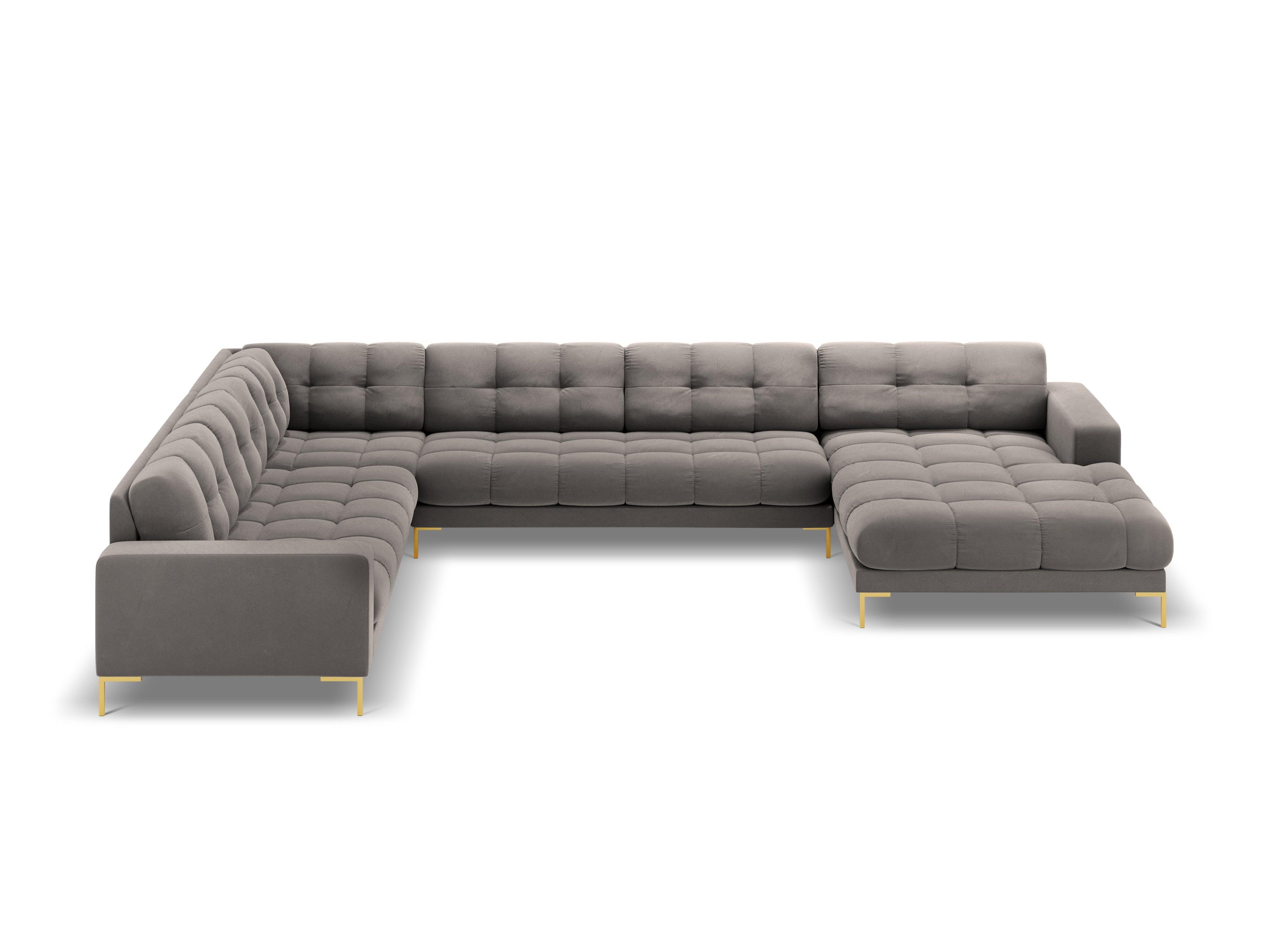 Panoramic velvet sofa left side 7 seater BALI light grey with gold base - Eye on Design