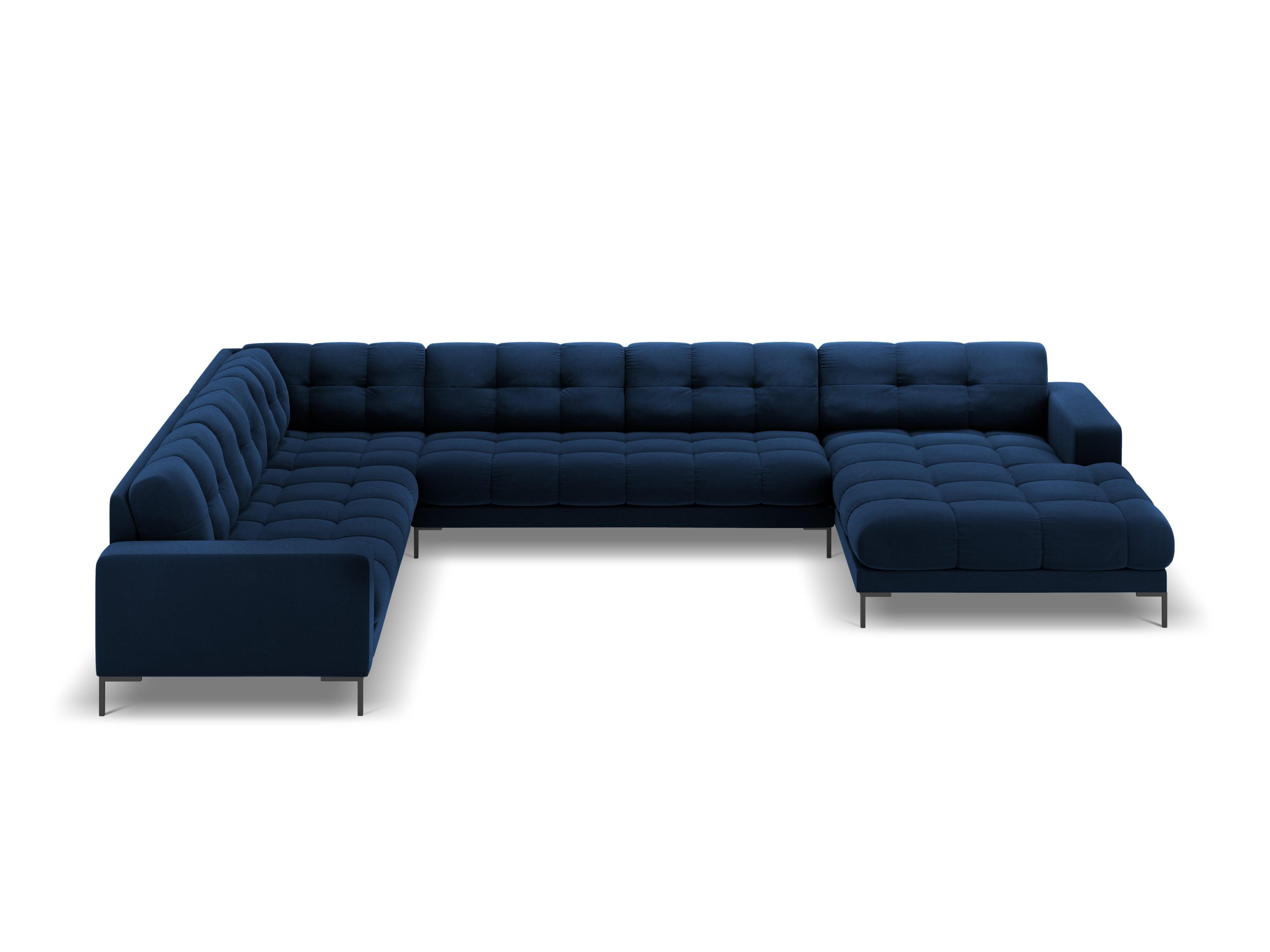 Panoramic velvet sofa left side 7 seater BALI royal blue with black base - Eye on Design