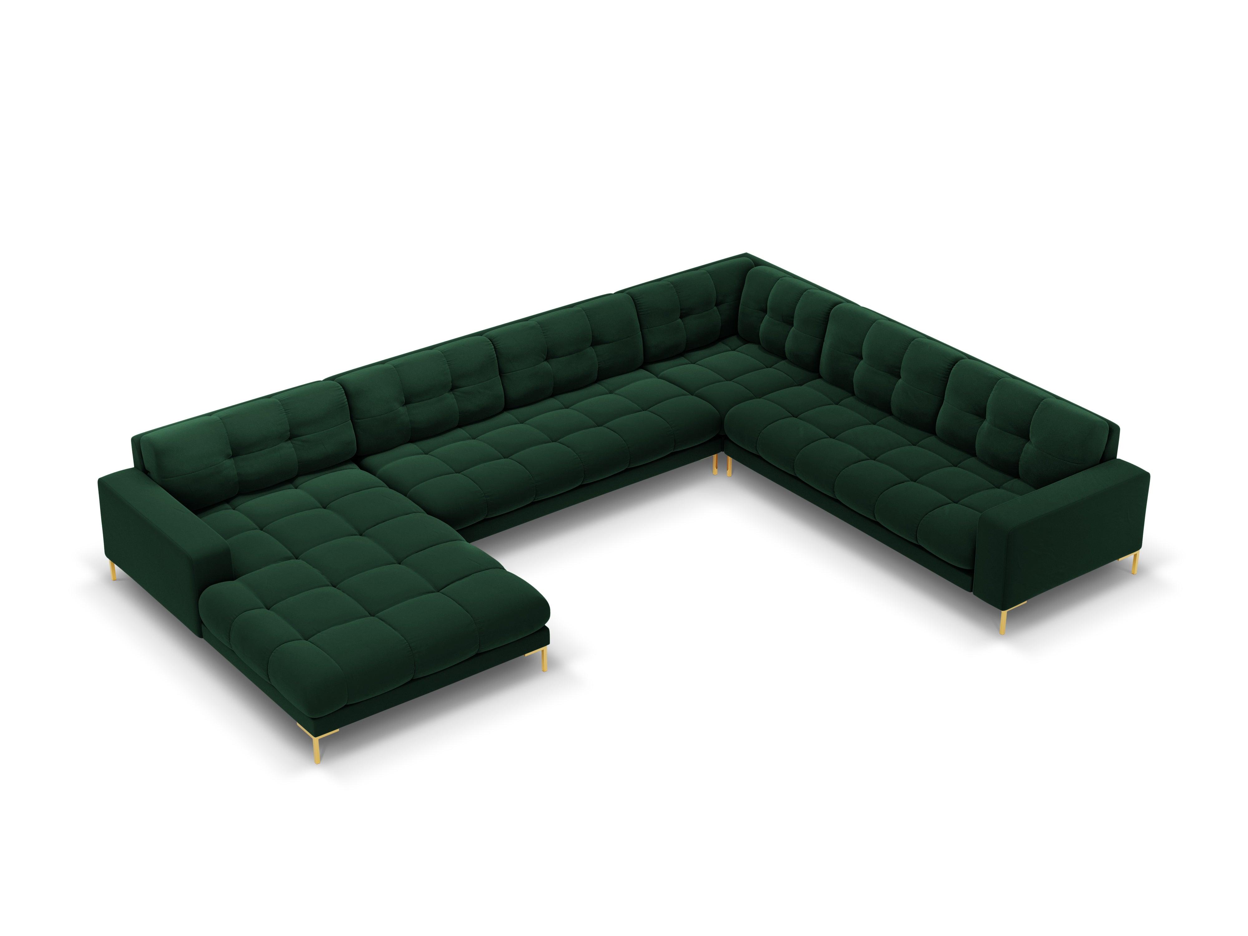 Panoramic velvet sofa right side 7 seater BALI bottle green with gold base - Eye on Design