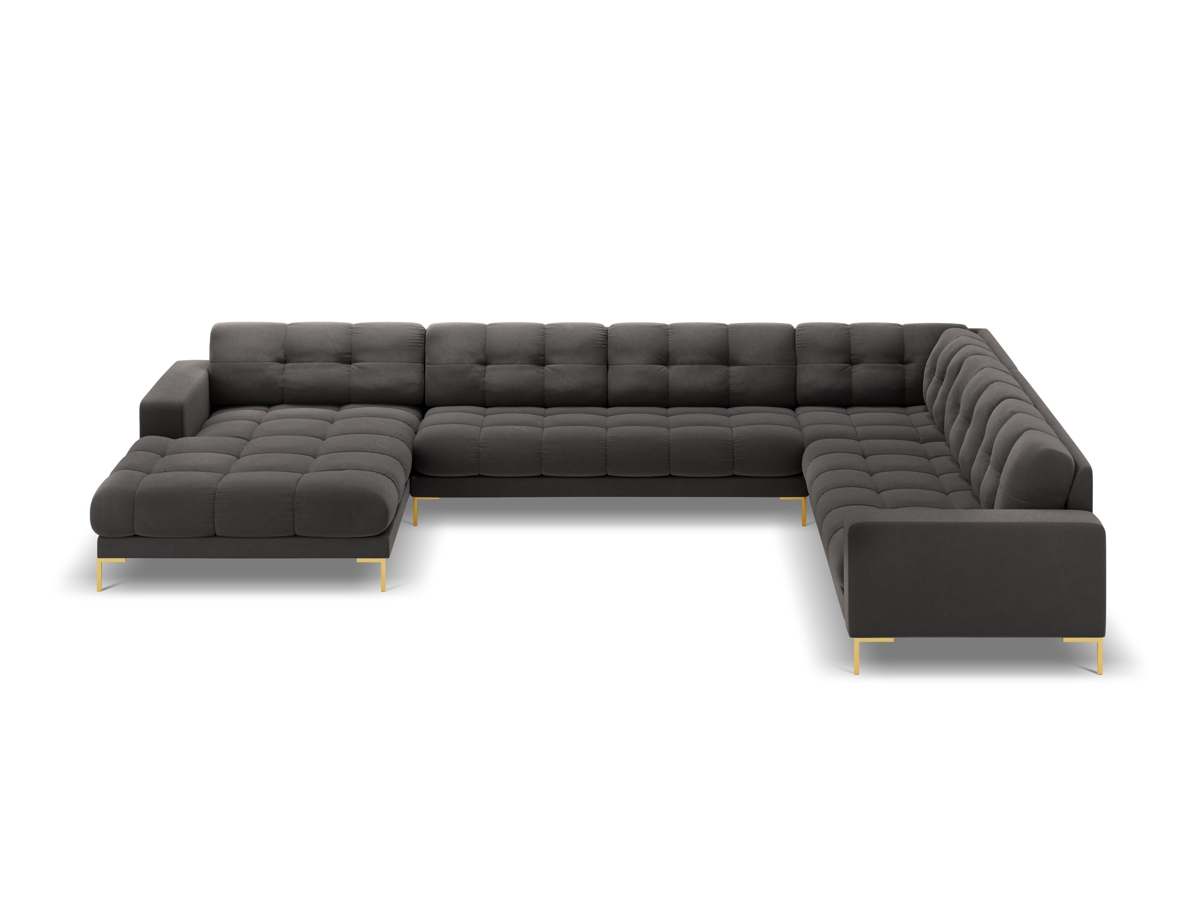 Panoramic velvet sofa right side 7 seater BALI dark grey with gold base - Eye on Design