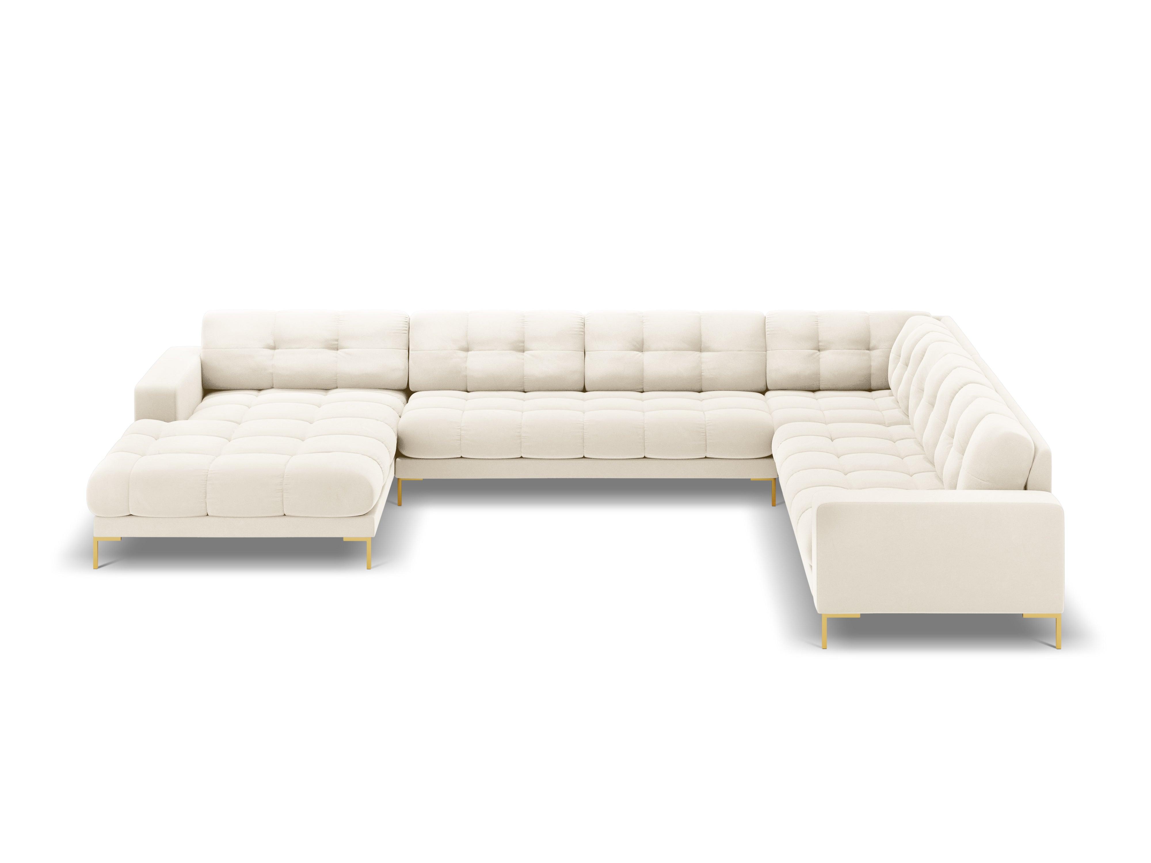 Panoramic velvet sofa right side 7 seater BALI light beige with gold base - Eye on Design