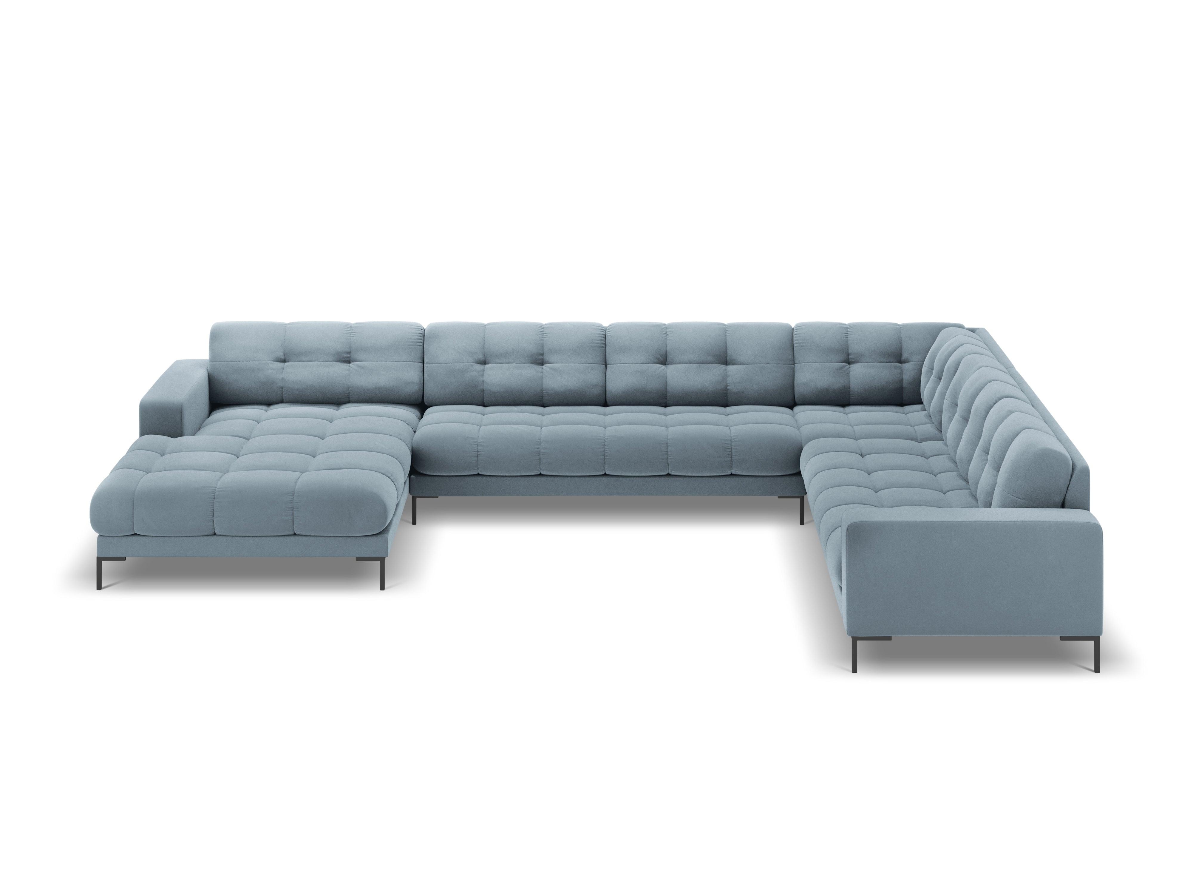 Panoramic velvet sofa right side 7 seater BALI light blue with black base - Eye on Design