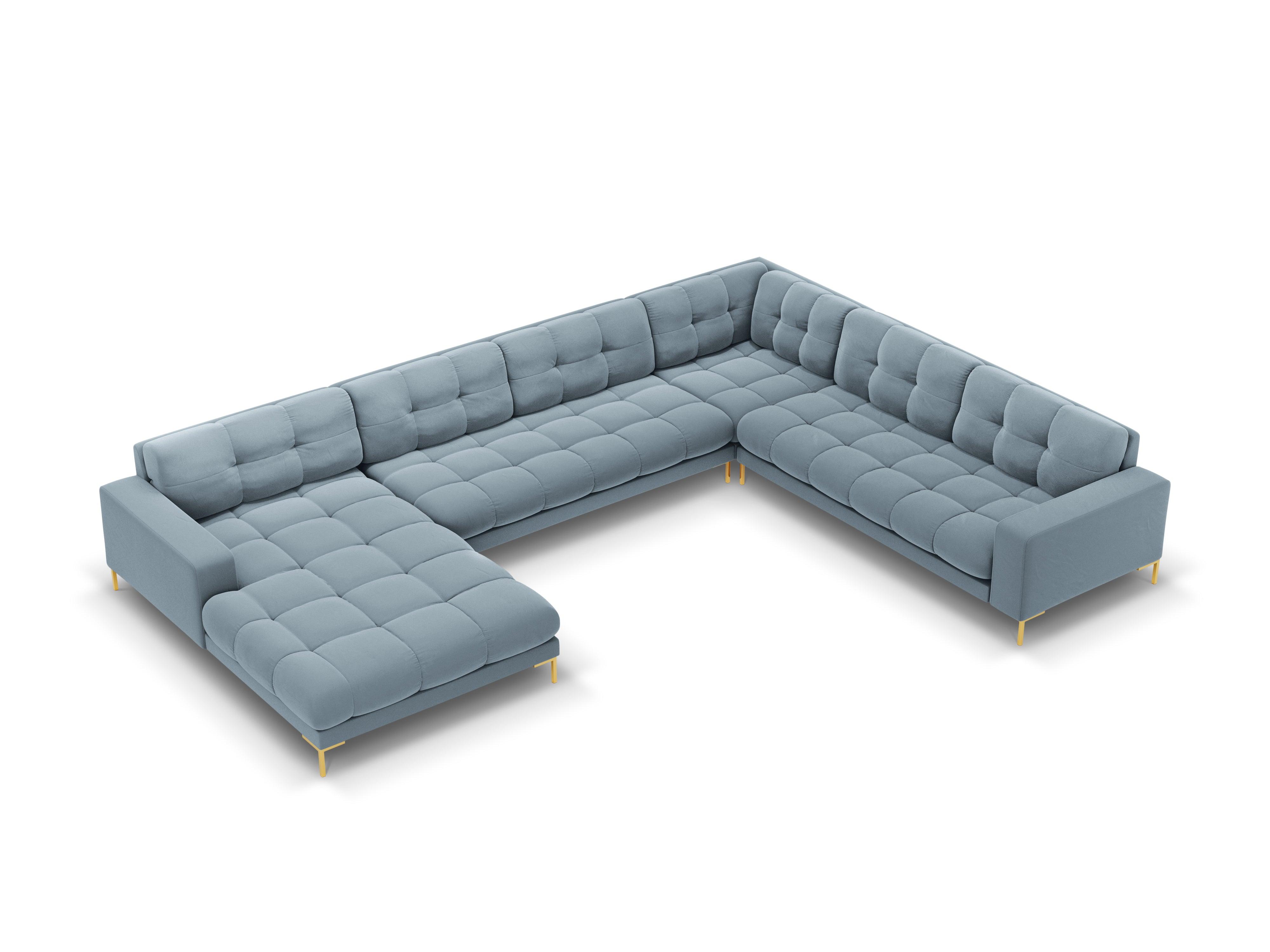 Panoramic velvet sofa right side 7 seater BALI light blue with gold base - Eye on Design