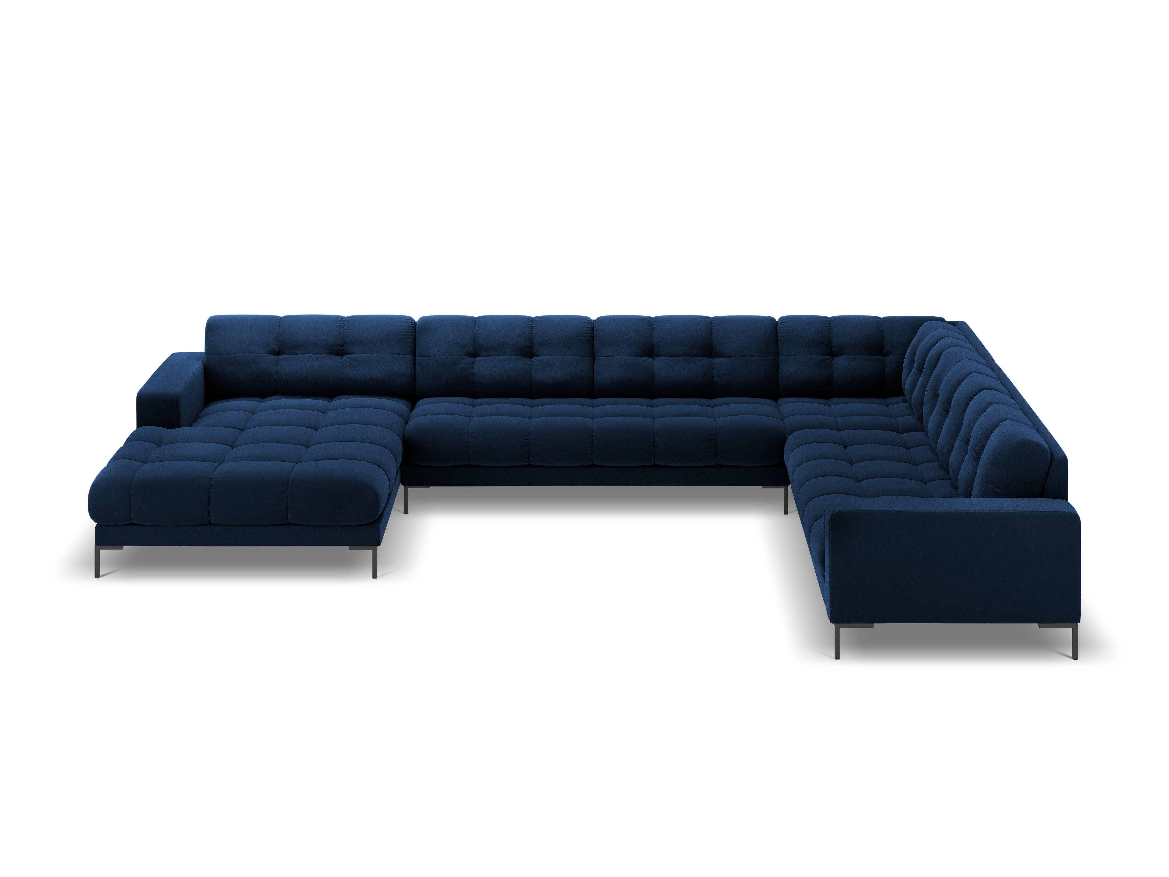 Panoramic velvet sofa right side 7 seater BALI royal blue with black base - Eye on Design