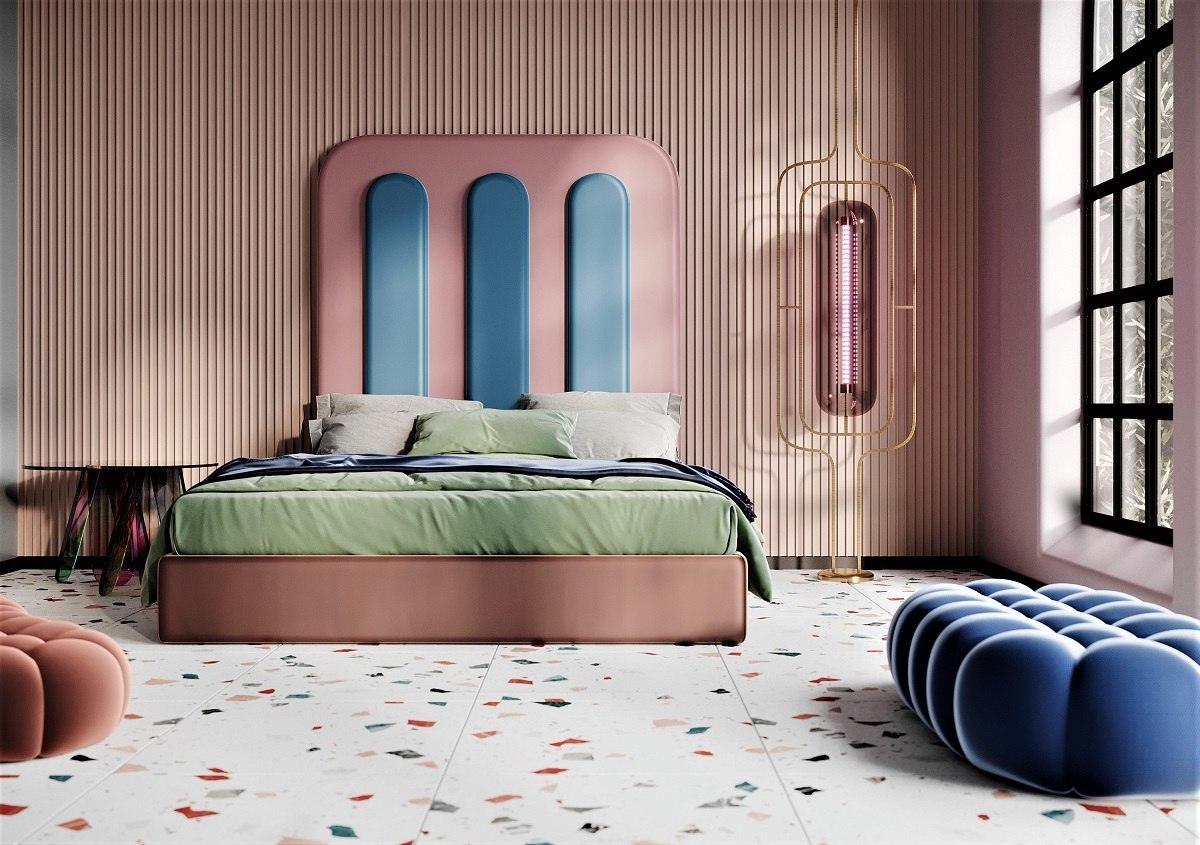 Upholstered bed BISQUIT pink with blue, Happy Barok, Eye on Design