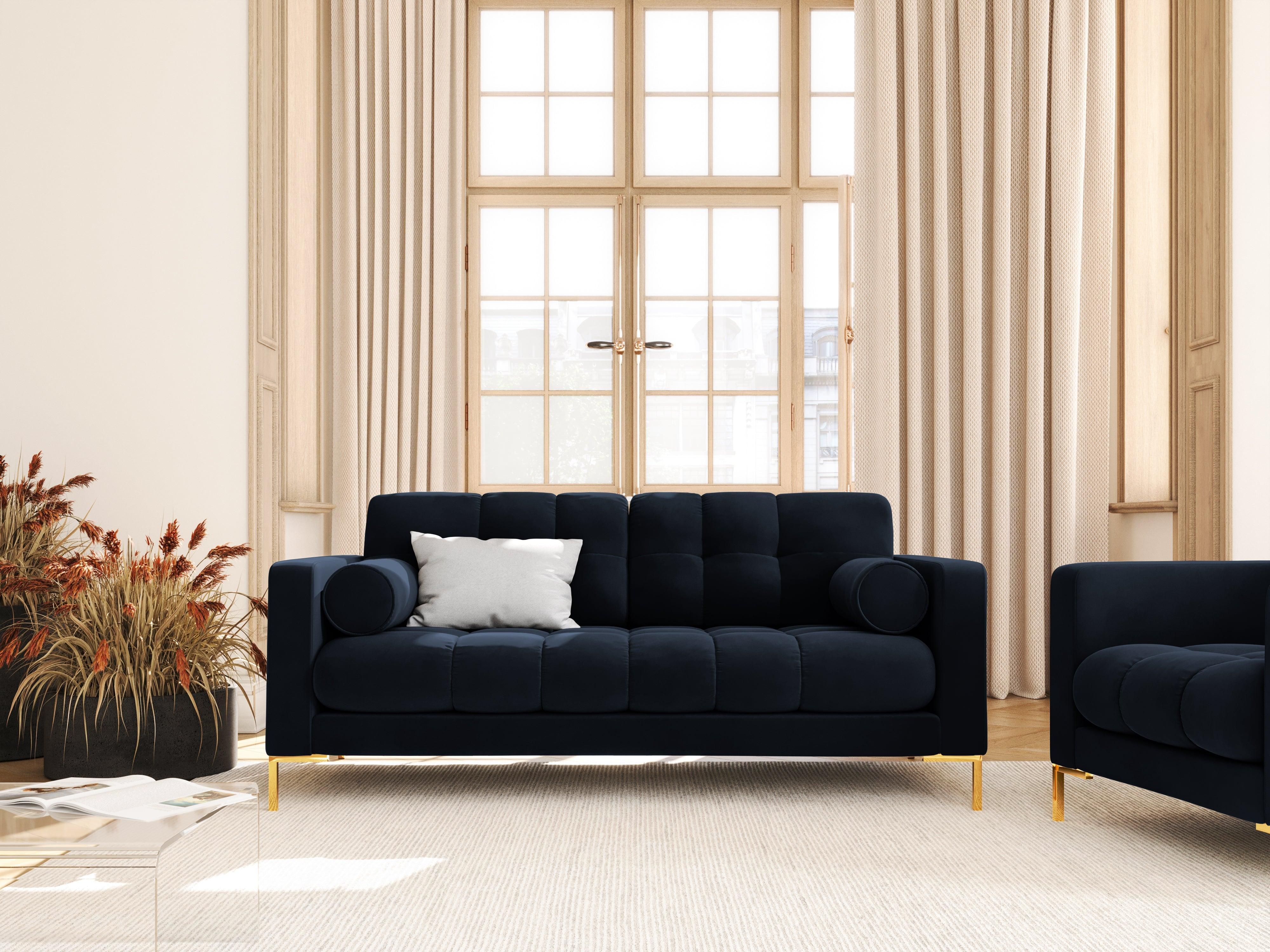 Velvet 2-seater sofa BALI dark blue with gold base - Eye on Design