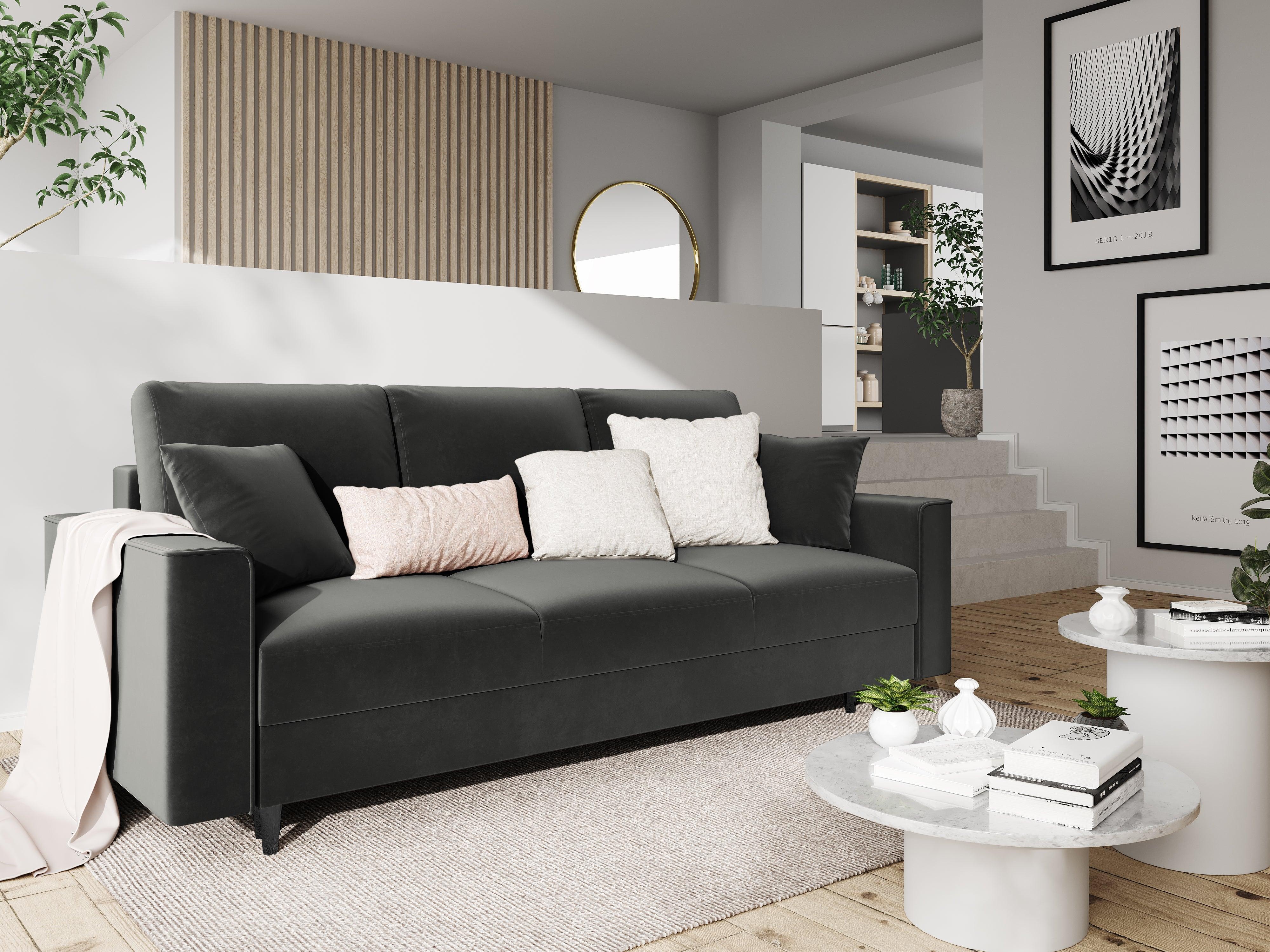 Sofa aksamitna z funkcją spania CARTADERA ciemnoszary z czarną podstawą, Mazzini Sofas, Eye on Design