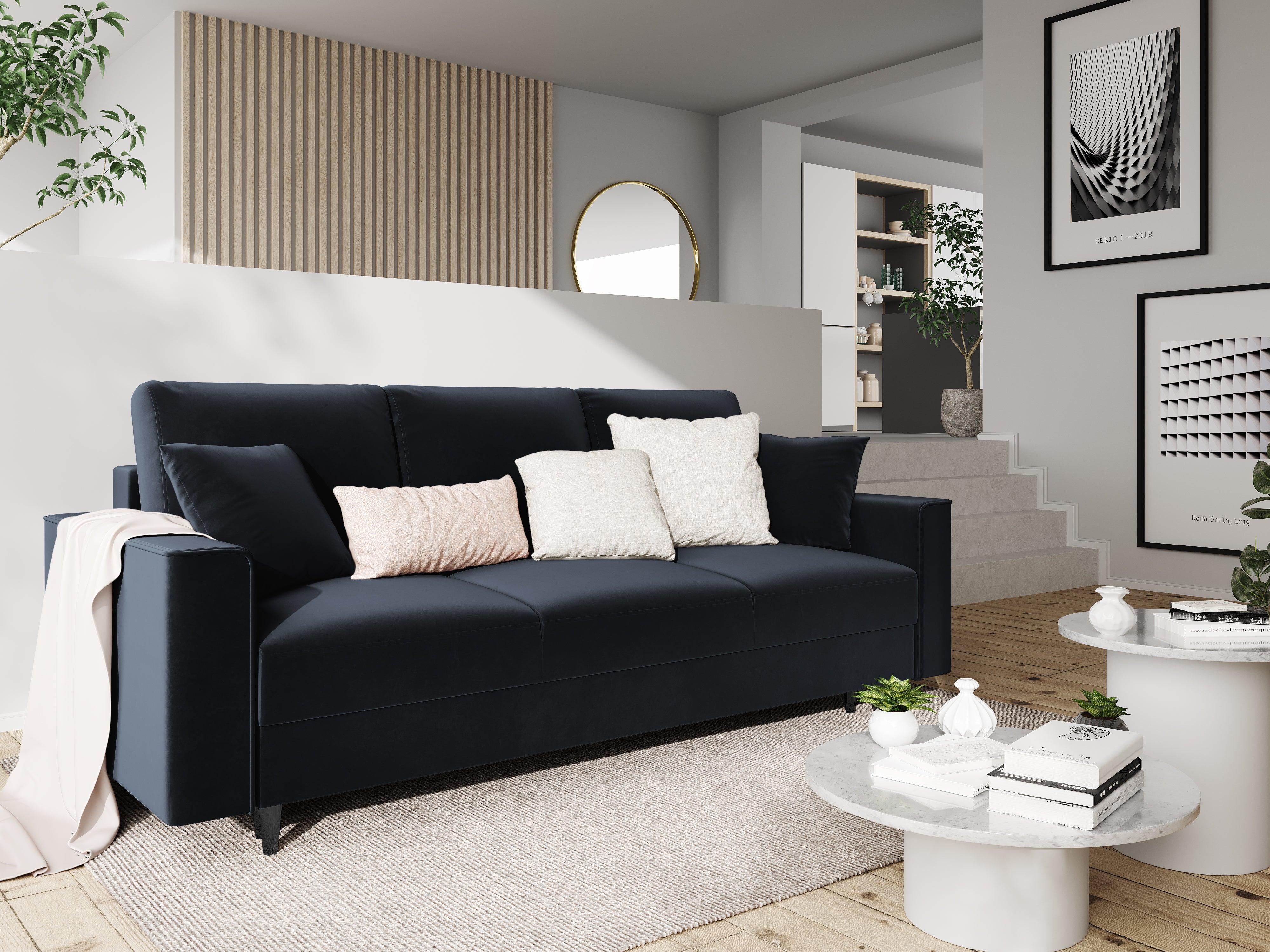 Sofa aksamitna z funkcją spania CARTADERA granatowy z czarną podstawą, Mazzini Sofas, Eye on Design