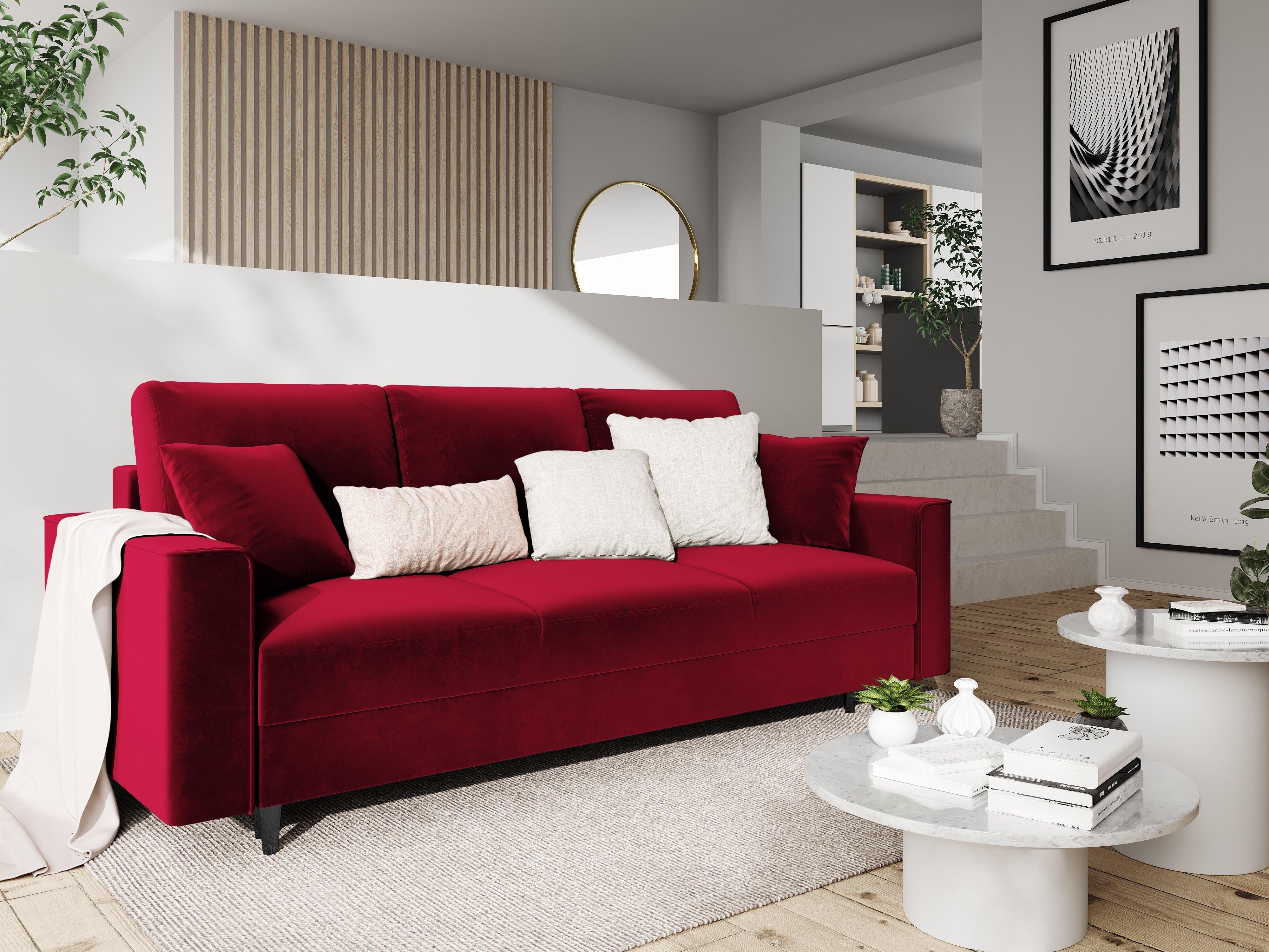 Sofa aksamitna z funkcją spania CARTADERA czerwony z czarną podstawą, Mazzini Sofas, Eye on Design